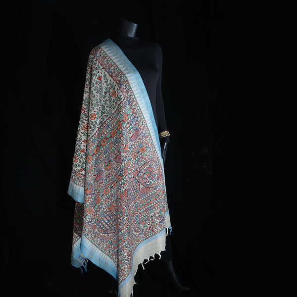 Madhubani Handpainted Ladies Cotton Shawl / Scarf / Dupatta - Turquoise
