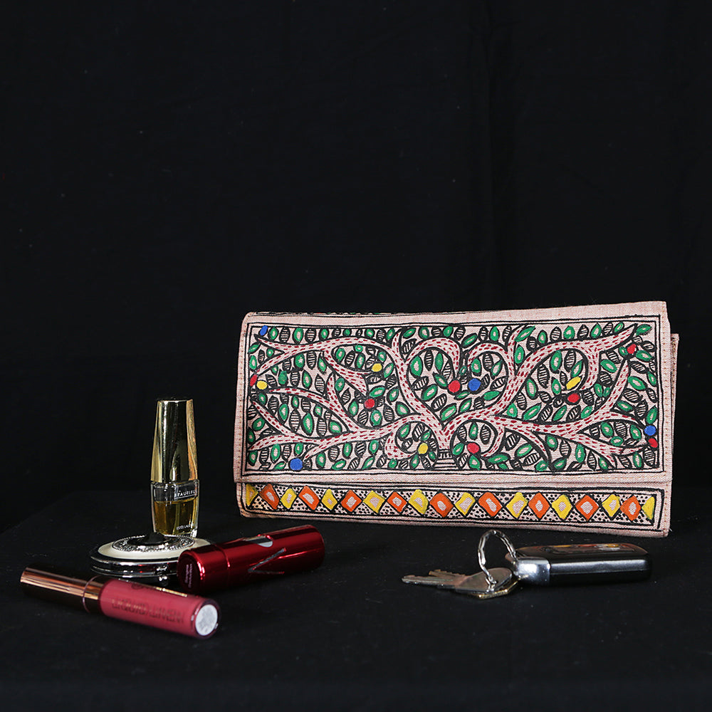 Handpainted Madhubani Ladies Clutch / Purse - Yellow Orange Squares