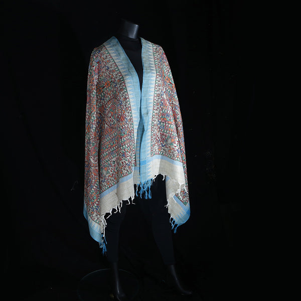 Madhubani Handpainted Ladies Cotton Shawl / Scarf / Dupatta - Turquoise