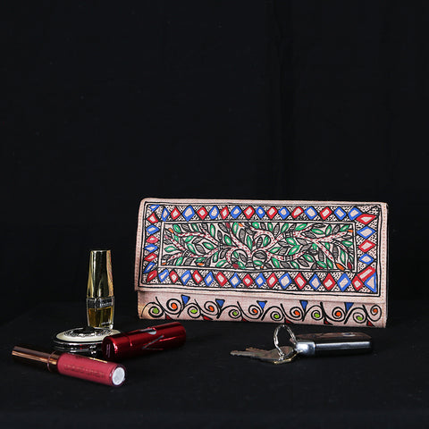 Handpainted Madhubani Ladies Clutch / Purse - Red Green Swirls