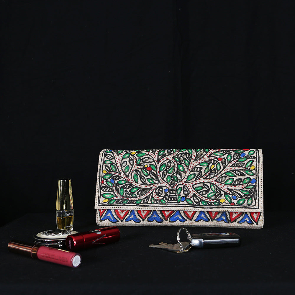 Handpainted Madhubani Ladies Clutch / Purse - Red Blue Hearts