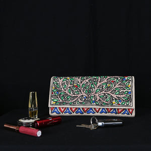 Handpainted Madhubani Ladies Clutch / Purse - Red Blue Hearts