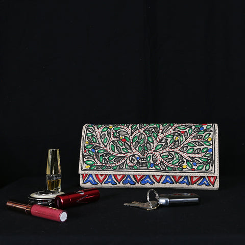 Handpainted Madhubani Ladies Clutch / Purse - Red Blue Hearts