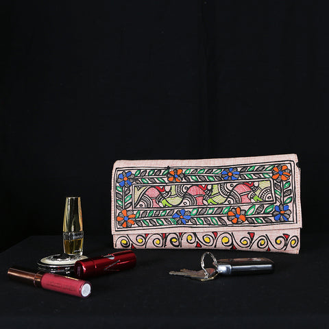 Handpainted Madhubani Ladies Clutch / Purse - Fish