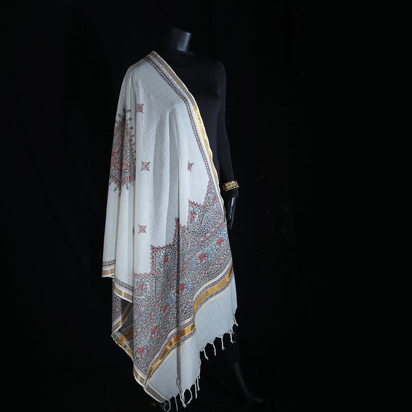 Madhubani Handpainted Ladies Cotton Shawl / Scarf / Dupatta - Diamond