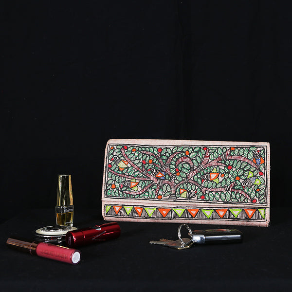 Handpainted Madhubani Ladies Clutch / Purse - Forest of Green