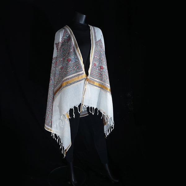 Madhubani Handpainted Ladies Cotton Shawl / Scarf / Dupatta - Diamond