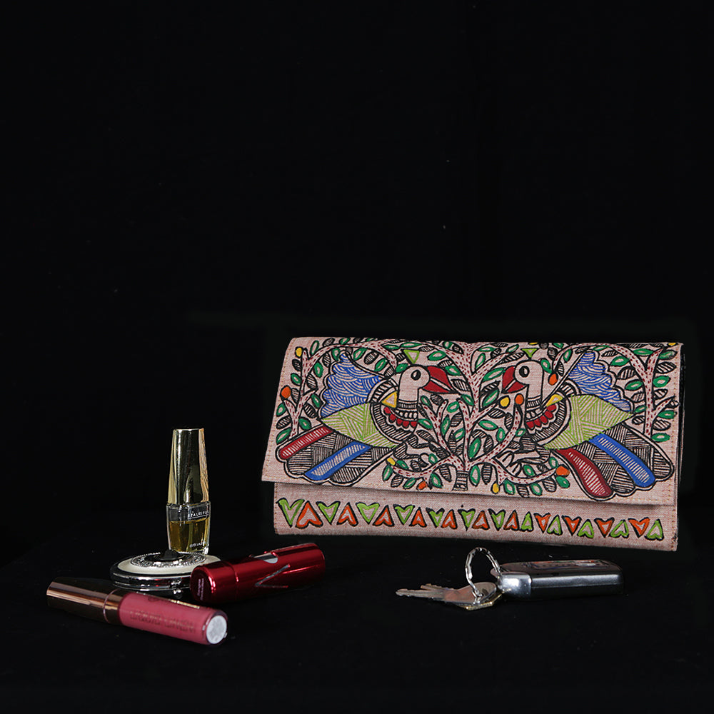 Handpainted Madhubani Ladies Clutch / Purse - Birds