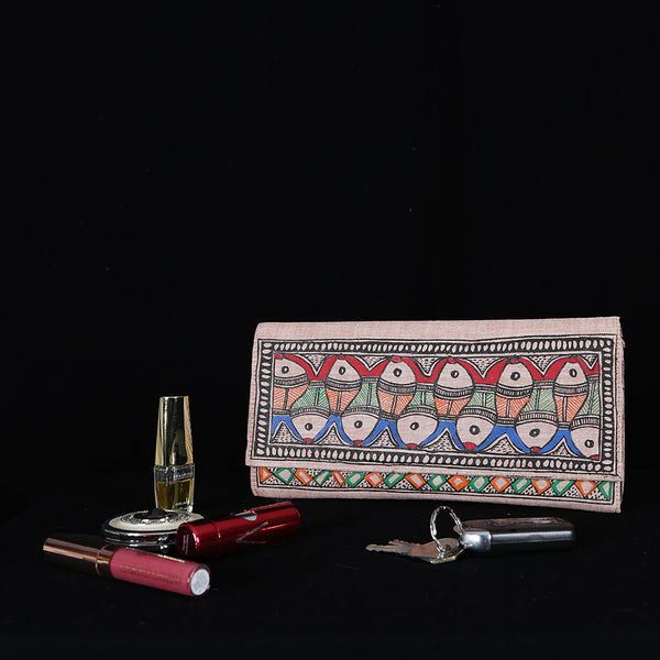 Handpainted Madhubani Ladies Clutch / Purse - Fish & Bird