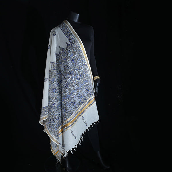 Madhubani Handpainted Ladies Cotton Shawl / Scarf / Dupatta - Royal Blue