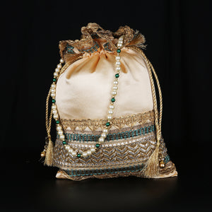 Handmade Women's Potli Handbag / Purse - Peach Zari