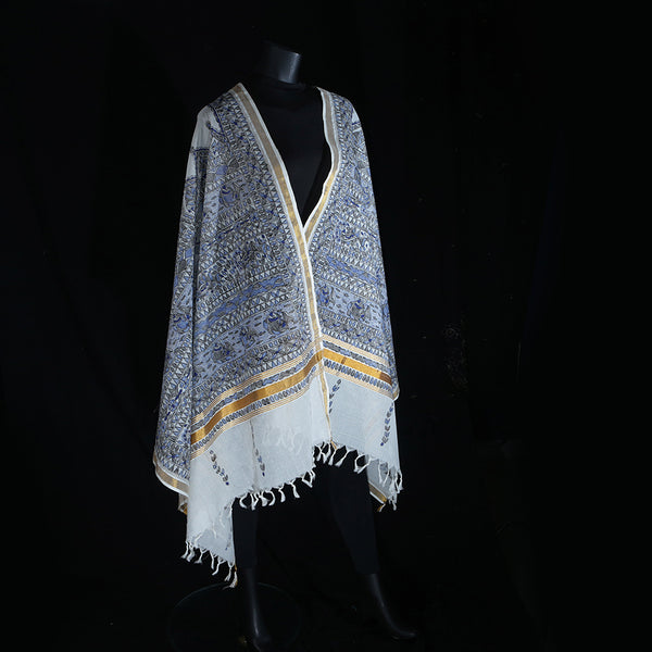 Madhubani Handpainted Ladies Cotton Shawl / Scarf / Dupatta - Royal Blue