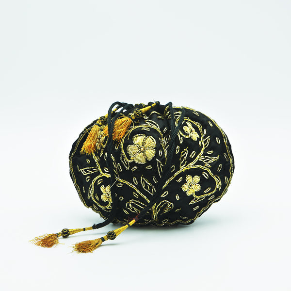 Handmade Women's Potli Handbag / Purse - Black Zari