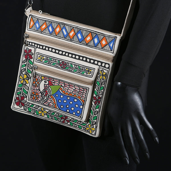 Handpainted Madhubani Ladies Purse / Sling Handbag - Peacock
