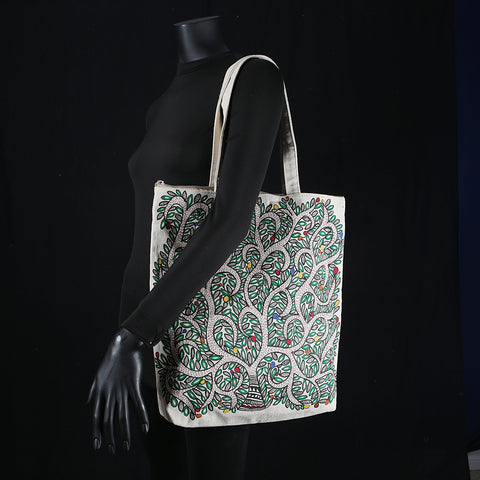 Handpainted Madhubani Ladies Large Tote / Handbag - Tree of Life