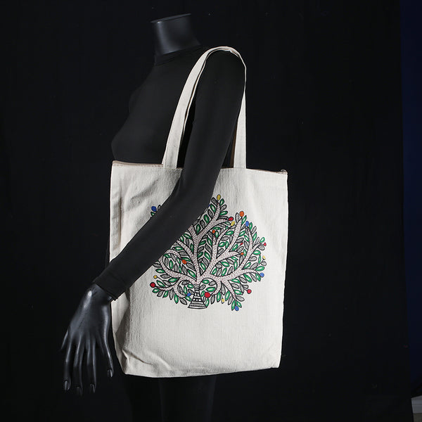 Handpainted Madhubani Ladies Large Tote / Handbag - Tree of Life