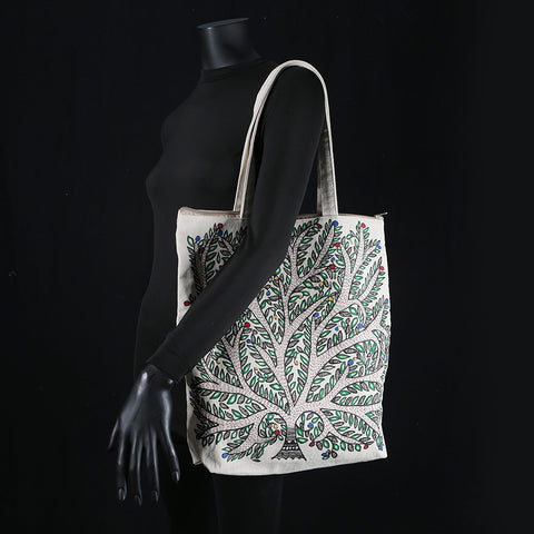 Handpainted Madhubani Ladies Large Tote / Handbag - Tree of Life 2