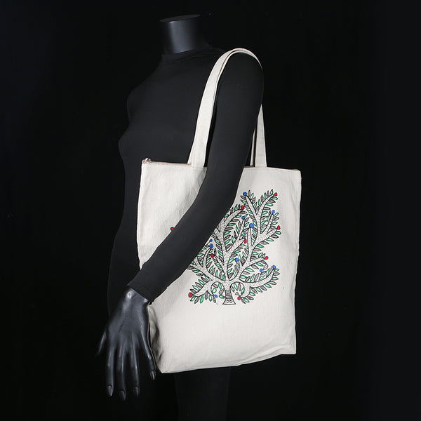 Handpainted Madhubani Ladies Large Tote / Handbag - Tree of Life 2