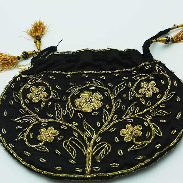 Handmade Women's Potli Handbag / Purse - Black Zari
