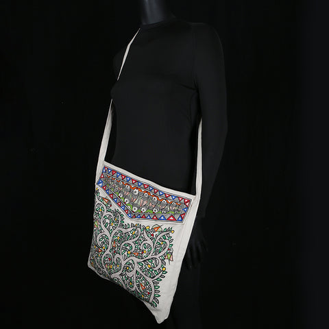 Handpainted Madhubani Ladies Large Tote / Handbag - Front Flap