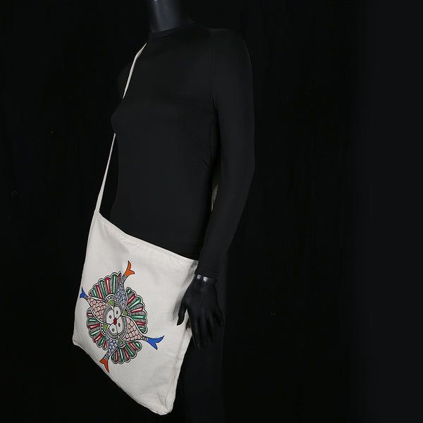 Handpainted Madhubani Ladies Large Tote / Handbag - Front Flap