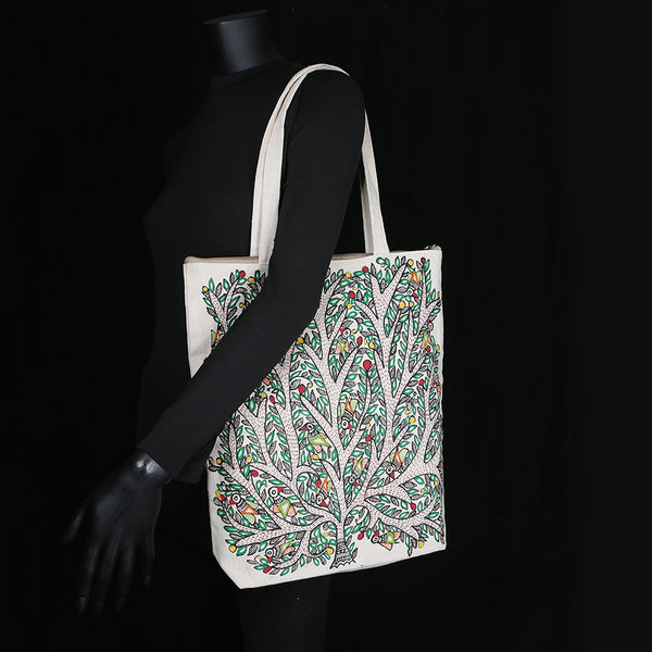 Handpainted Madhubani Ladies Large Tote / Handbag - Fish Mandala