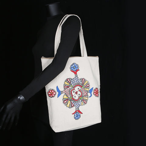 Handpainted Madhubani Ladies Large Tote / Handbag - Fish Mandala