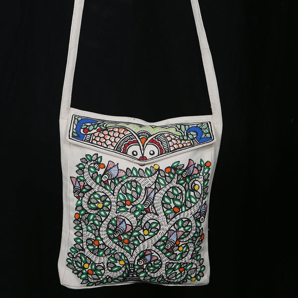 Handpainted Madhubani Ladies Large Tote / Handbag - Owl Flap
