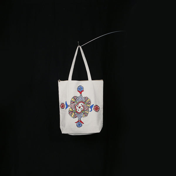 Handpainted Madhubani Ladies Large Tote / Handbag - Fish Mandala