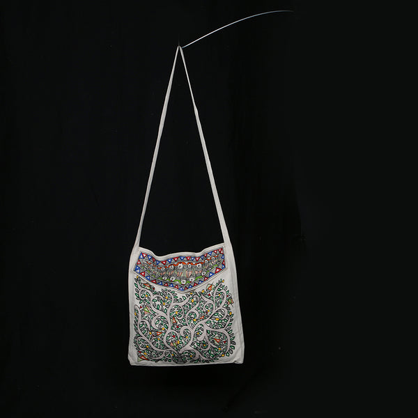 Handpainted Madhubani Ladies Large Tote / Handbag - Front Flap