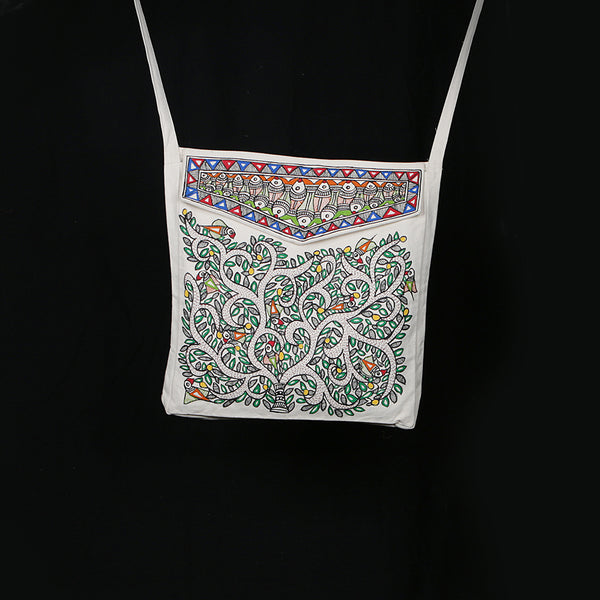 Handpainted Madhubani Ladies Large Tote / Handbag - Front Flap