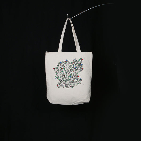 Handpainted Madhubani Ladies Large Tote / Handbag - Tree of Life 2