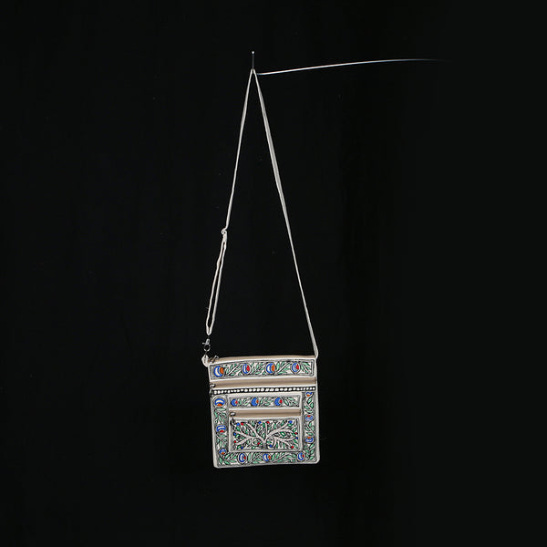 Handpainted Madhubani Ladies Purse / Sling Handbag - Blue Bud