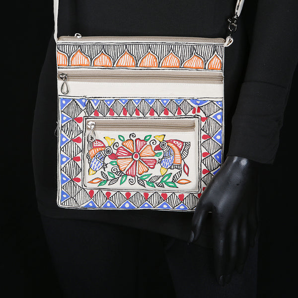 Handpainted Madhubani Ladies Purse / Sling Handbag - Fish