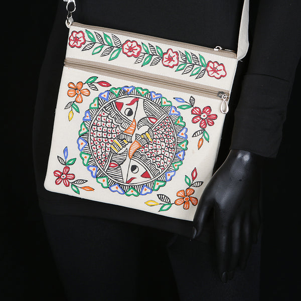 Handpainted Madhubani Ladies Purse / Sling Handbag - Fish