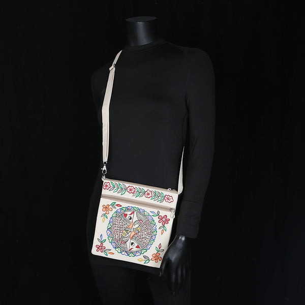 Handpainted Madhubani Ladies Purse / Sling Handbag - Fish