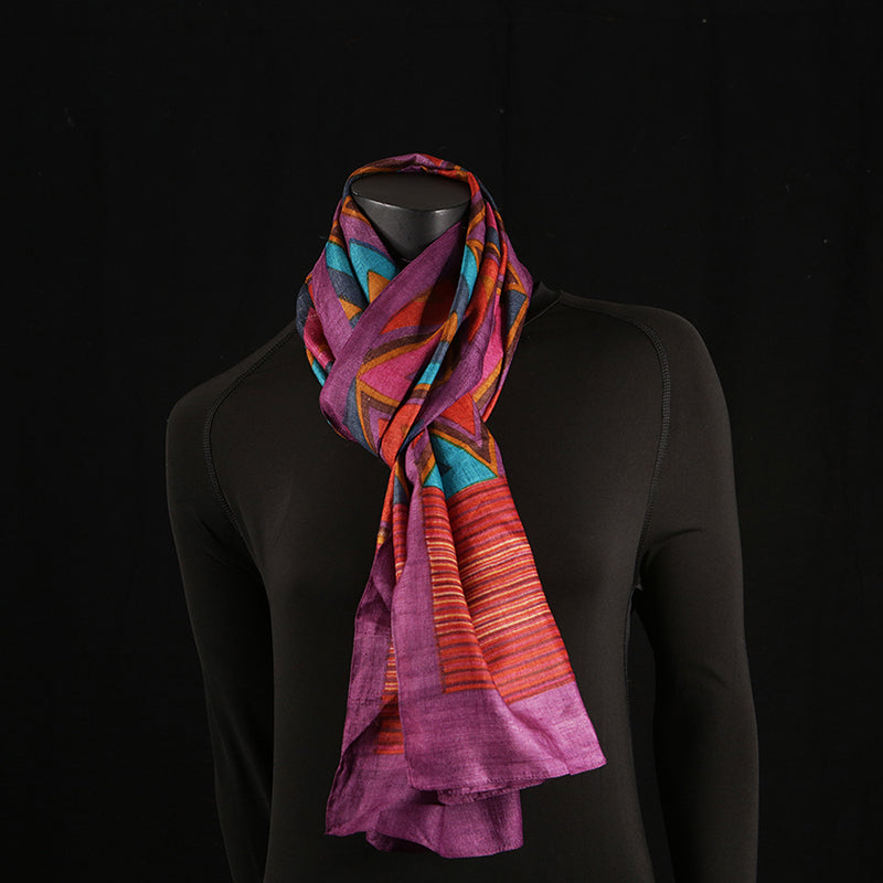 Handprinted Pure Raw Silk Ladies Scarf - Triangles