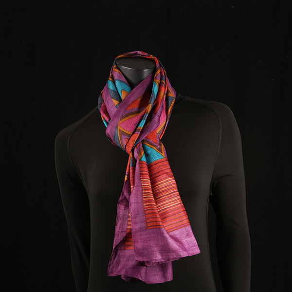 Handprinted Pure Raw Silk Ladies Scarf - Triangles