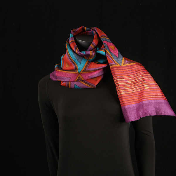 Handprinted Pure Raw Silk Ladies Scarf - Triangles