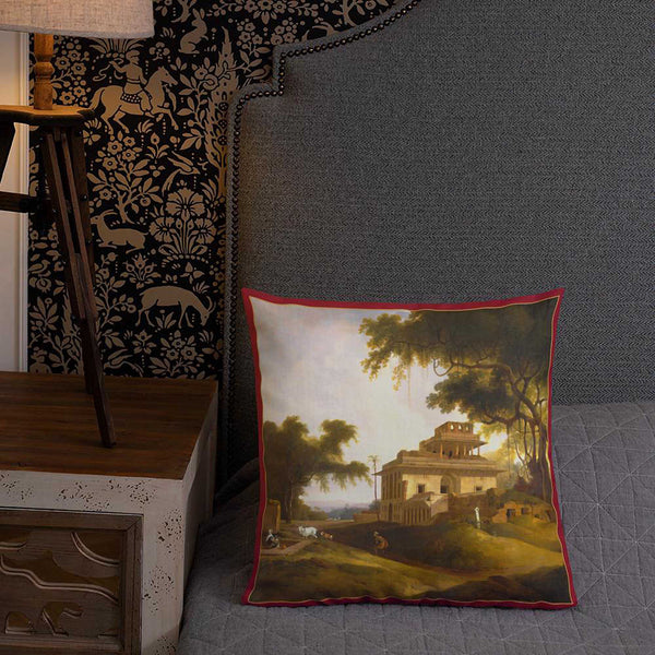Antique Art Print Decorative Throw Pillow & Cushion Village Mansio bed