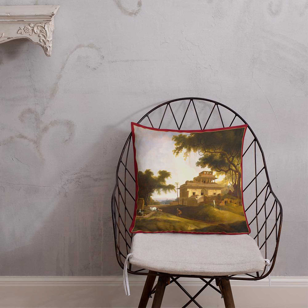 Antique Art Print Decorative Throw Pillow & Cushion Village Mansion chair
